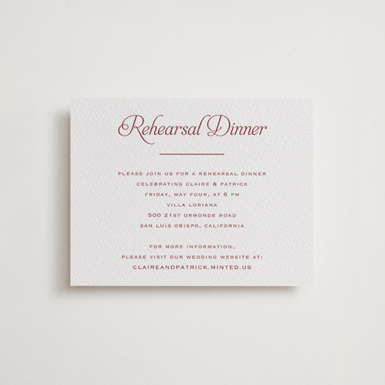 "Modernne" - Letterpress Rehearsal Dinner Cards in Maraschino by Carolyn MacLaren - Front