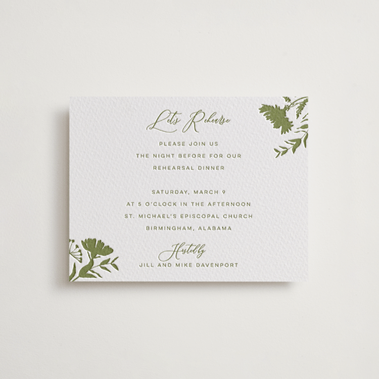"Untied" - Letterpress Rehearsal Dinner Cards in Olive by Erin Hodges - Front