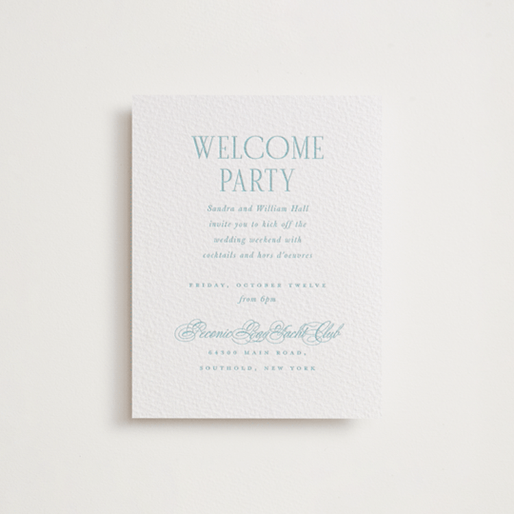 "Hamptons" - Letterpress Rehearsal Dinner Cards in Robin's Egg by Hudson meet Rose - Front