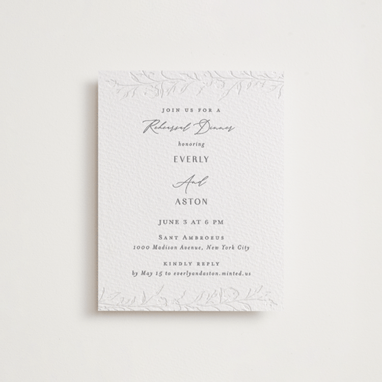 "Delicately" - Letterpress Rehearsal Dinner Cards in Smoke | Blind Deboss by Nicoletta Savod - Front