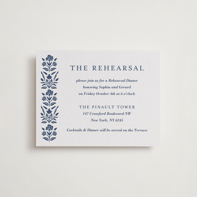 "Pressed Motif" - Letterpress Rehearsal Dinner Cards in Blueberry by Oma N. Ramkhelawan - Front
