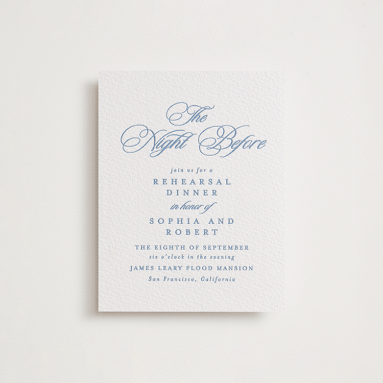 "POSH" - Letterpress Rehearsal Dinner Cards in Pacific Blue by Creo Study - Front