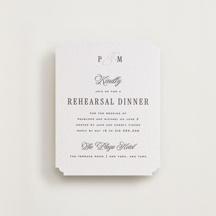 "Outlined" - Letterpress Rehearsal Dinner Cards in Soft Black by Leah Bisch - Front