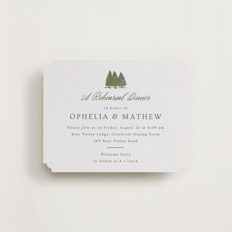 "Summit Meadows" - Letterpress Rehearsal Dinner Cards in Olive by Ana Sharpe - Front