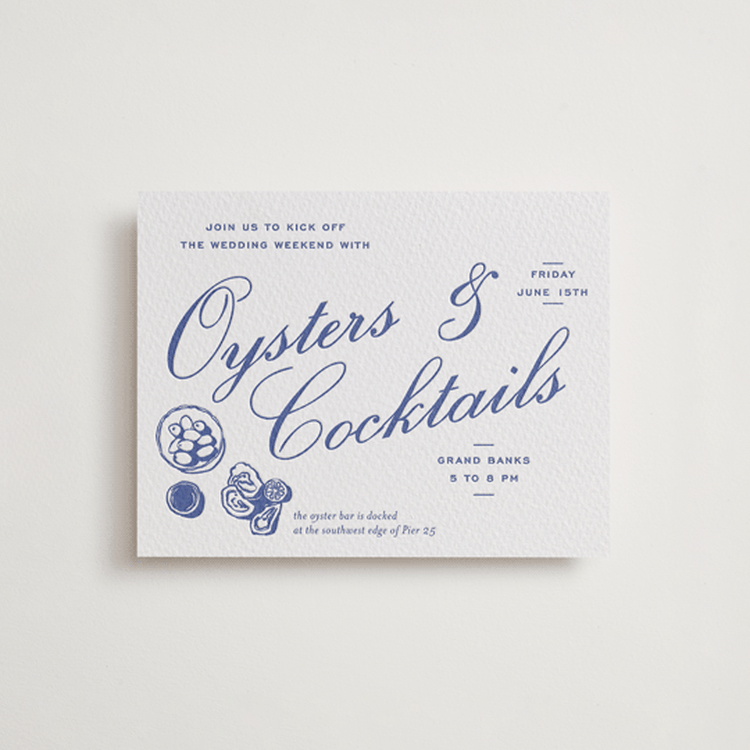 "Brasserie" - Letterpress Rehearsal Dinner Cards in Mediterranean by Megan Davis - Front