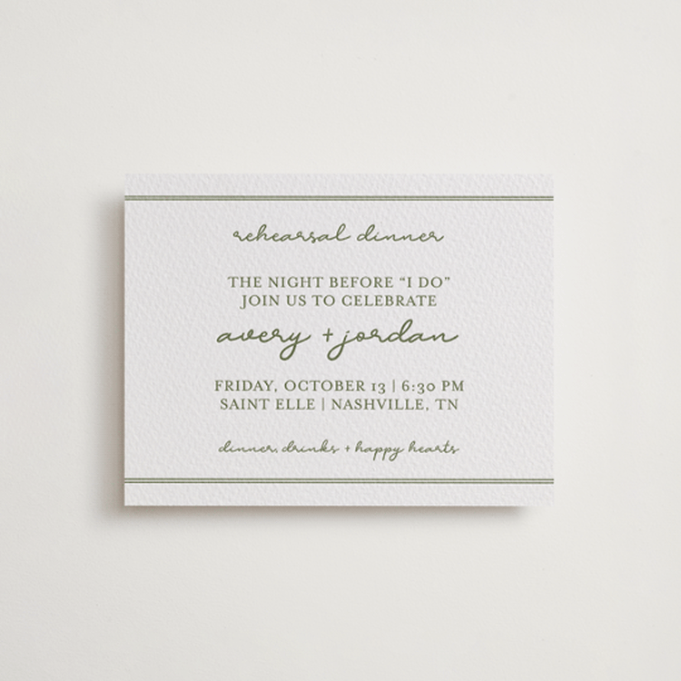 "The Verdure Suite" - Letterpress Rehearsal Dinner Cards in Artichoke by Brittney Jensen - Front