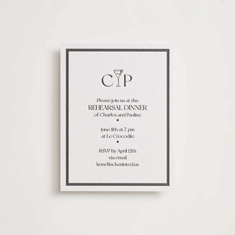 "Trés Chic" - Letterpress Rehearsal Dinner Cards in Soft Black | Graphite by Julia Liverton - Front