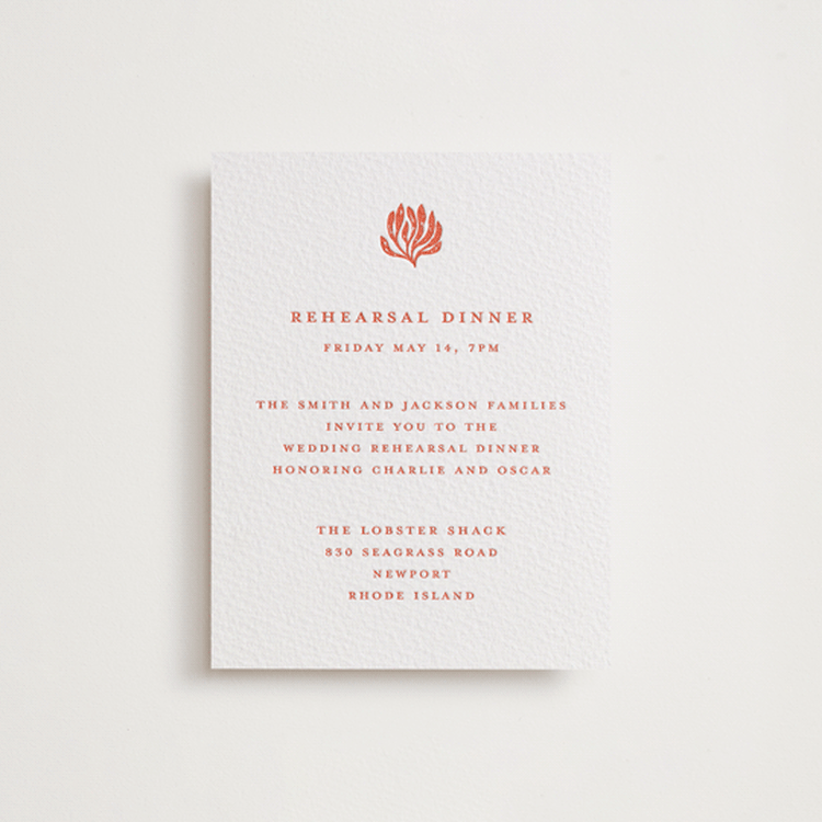 "lobster" - Letterpress Rehearsal Dinner Cards in Poppy by Pippa Shaw - Front