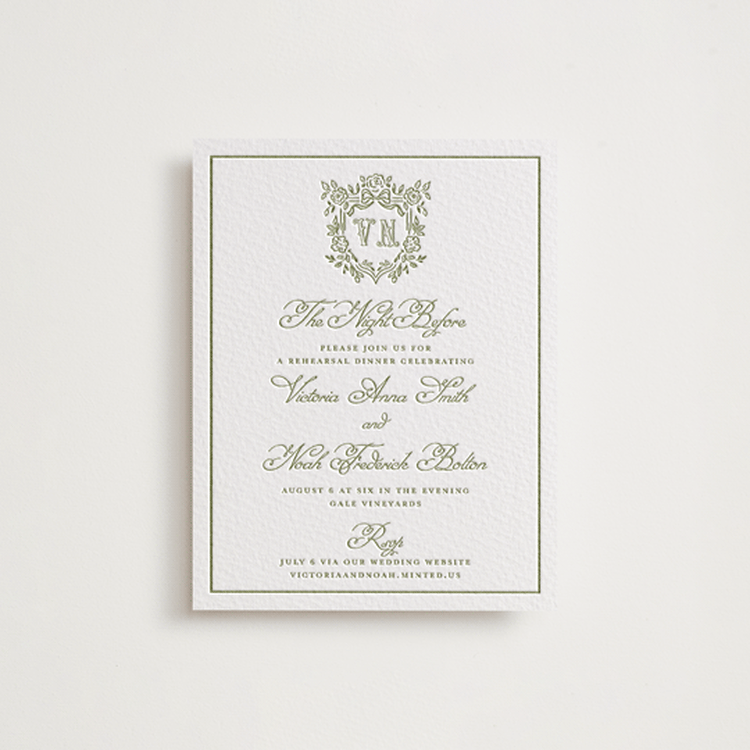 "Crestino" - Letterpress Rehearsal Dinner Cards in Olive by Petra Kern - Front
