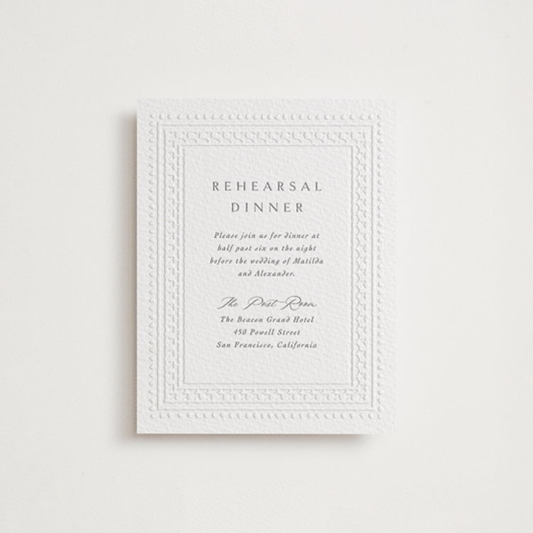 "Heirloom Needlework" - Letterpress Rehearsal Dinner Cards in Smoke | Blind Deboss by Meggy Masters - Front
