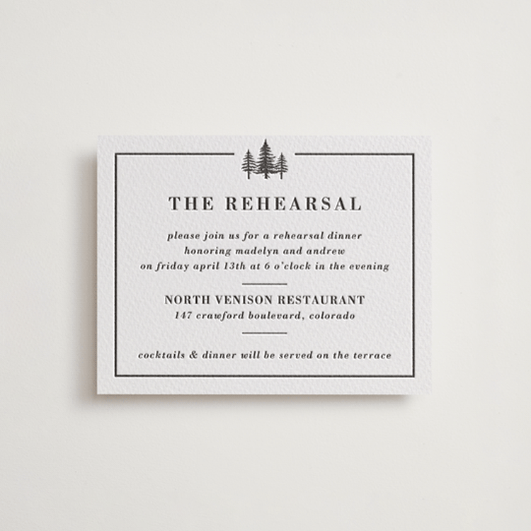 "Mountain Pines" - Letterpress Rehearsal Dinner Cards in Soft Black by Winston Latchman - Front
