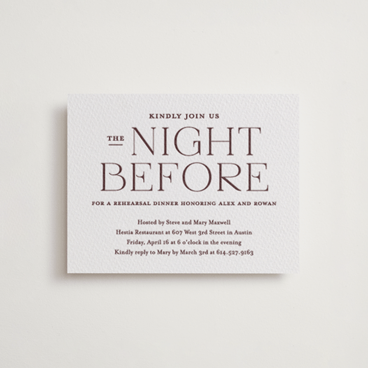 "Quiet Luxury" - Letterpress Rehearsal Dinner Cards in Clove by Oscar and Emma - Karly Depew - Front