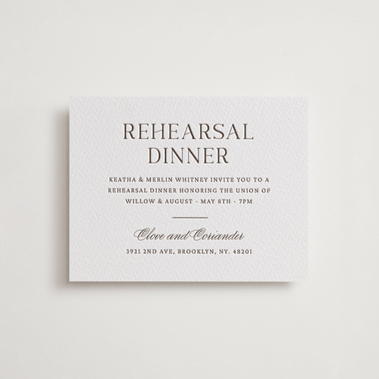 "Willow" - Letterpress Rehearsal Dinner Cards in Cacao Bean by Snow and Ivy - Front