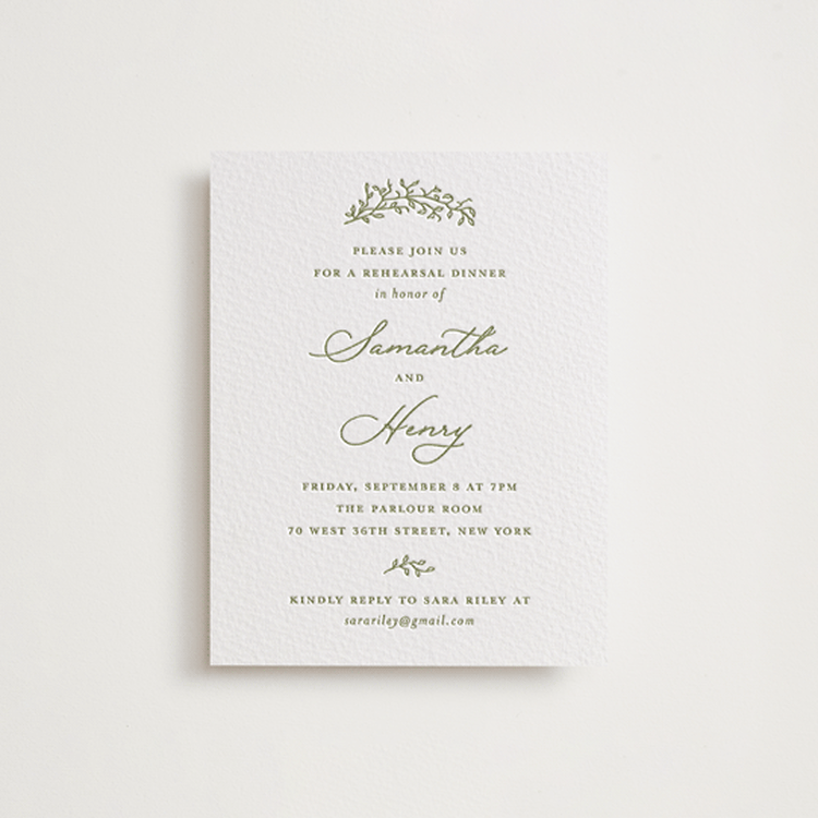 "Garden Script" - Letterpress Rehearsal Dinner Cards in Artichoke by Katherine Moynagh - Front