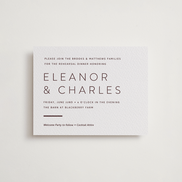 "Kismet" - Letterpress Rehearsal Dinner Cards in Clove by Alston Foster - Front