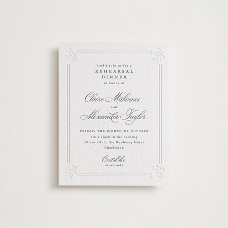 "Heirloom" - Letterpress Rehearsal Dinner Cards in Smoke by Creo Study - Front