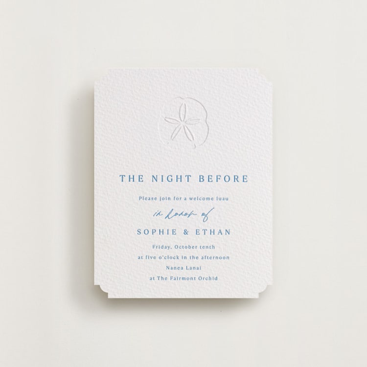 "Palm Tree" - Letterpress Rehearsal Dinner Cards in Marine Blue by Kaydi Bishop - Front