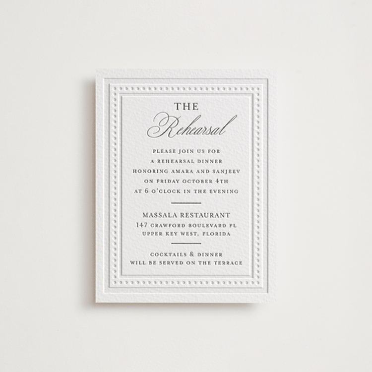 "Kamal" - Letterpress Rehearsal Dinner Cards in Soft Black by Oma N. Ramkhelawan - Front