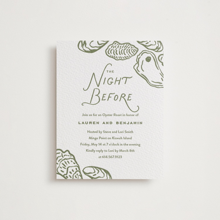 "Marshland" - Letterpress Rehearsal Dinner Cards in Artichoke by Oscar and Emma - Karly Depew - Front