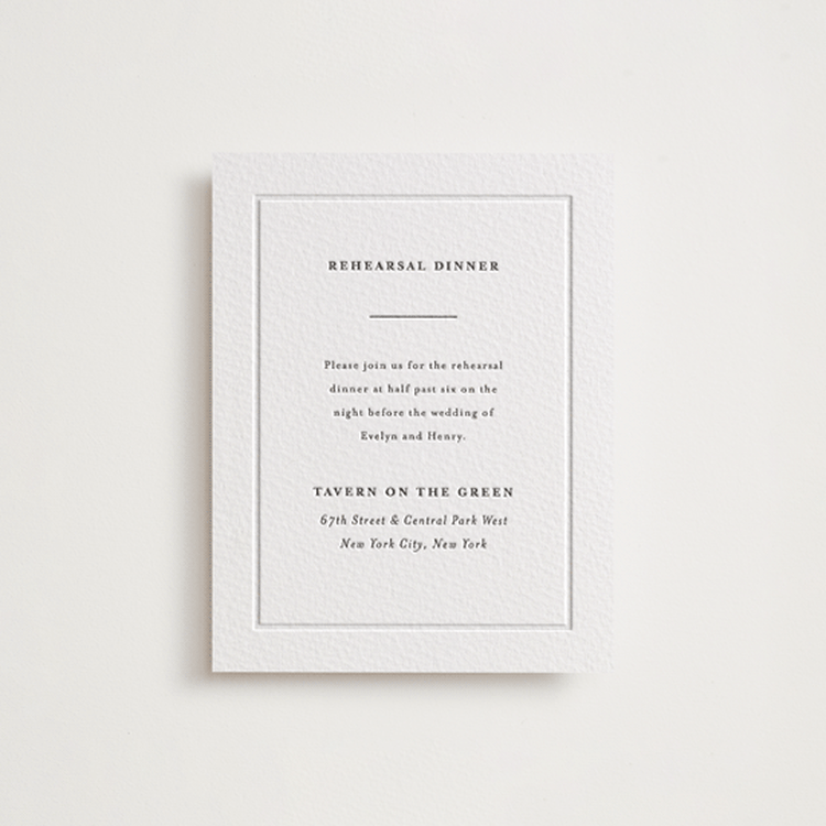 "Bespoke" - Letterpress Rehearsal Dinner Cards in Soft Black | Blind Deboss by Meggy Masters - Front