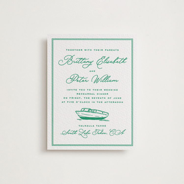 "Lakeview" - Letterpress Rehearsal Dinner Cards in Racing Green by Claudia Orengo - Front