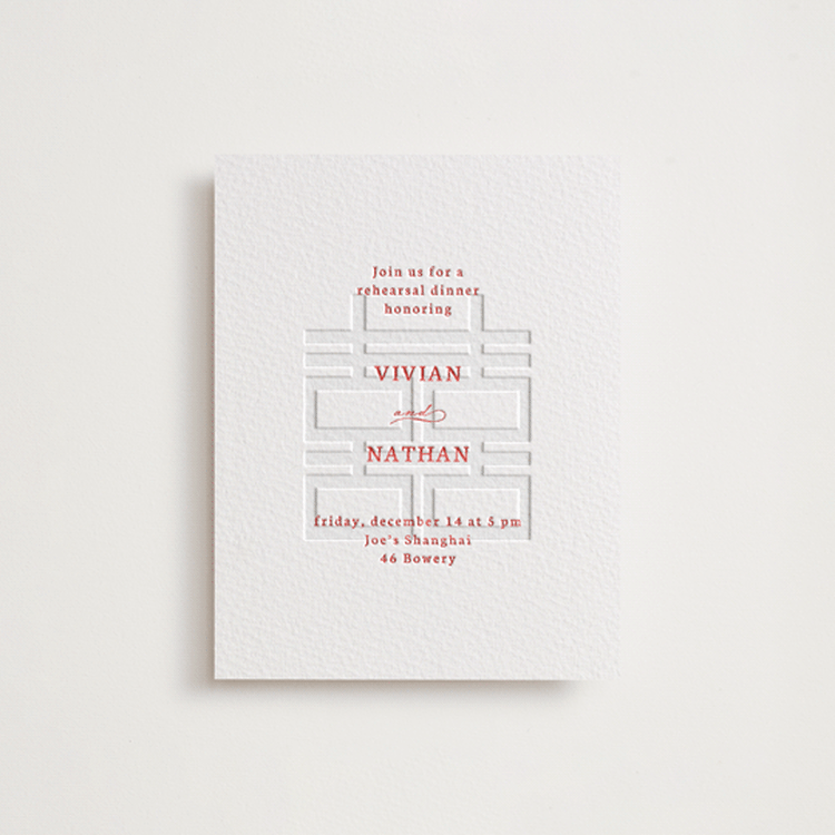 "simply happy" - Letterpress Rehearsal Dinner Cards in Ruby by Deborah Chou - Front