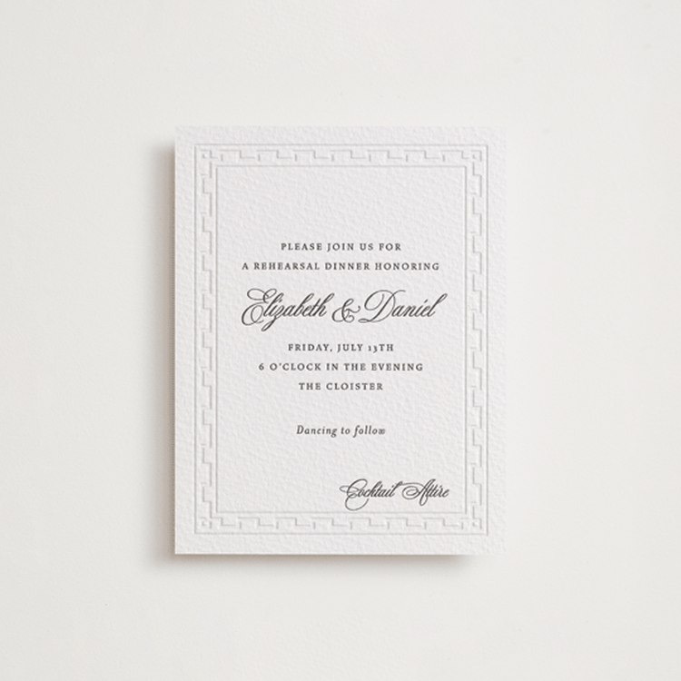 "Infinite" - Letterpress Rehearsal Dinner Cards in Soft Black | Blind Deboss by Alston Foster - Front