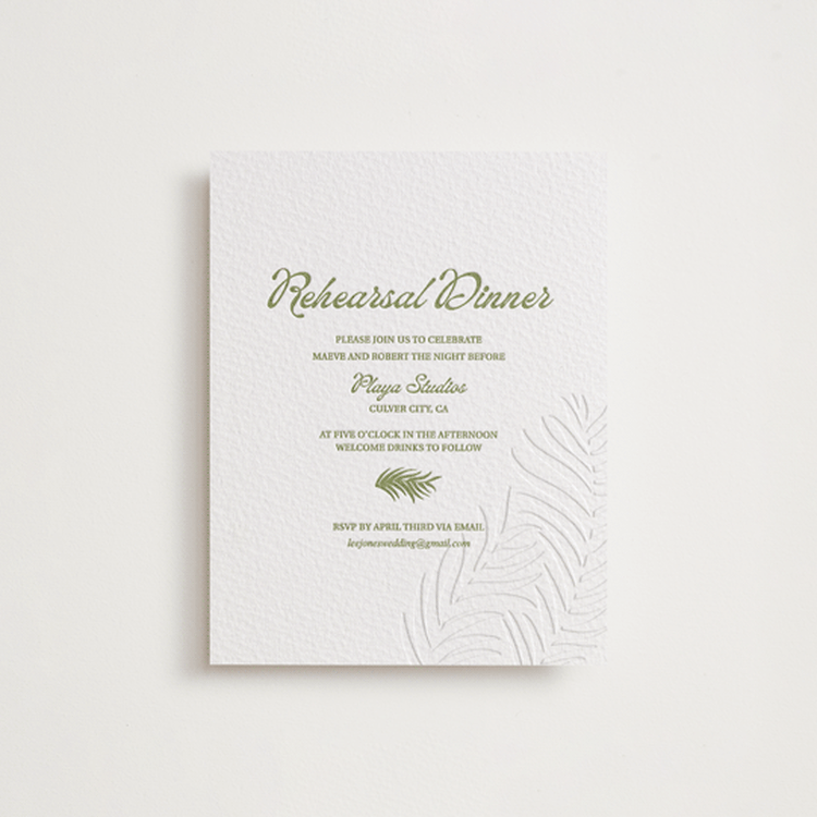 "Palm Shade" - Letterpress Rehearsal Dinner Cards in Olive | Blind Deboss by Julia Liverton - Front