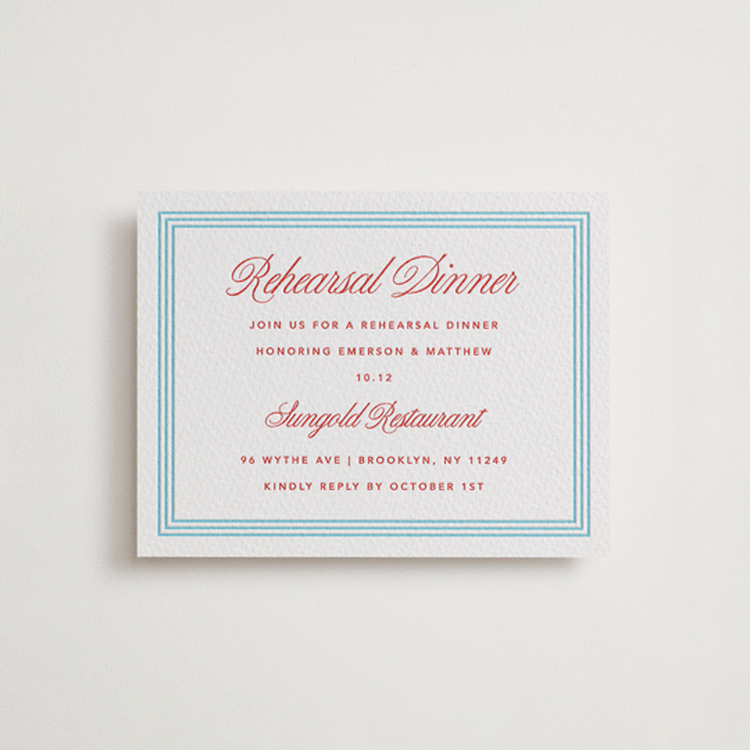 "Charm" - Letterpress Rehearsal Dinner Cards in Ruby | Vista by Kelly Watkins - Front