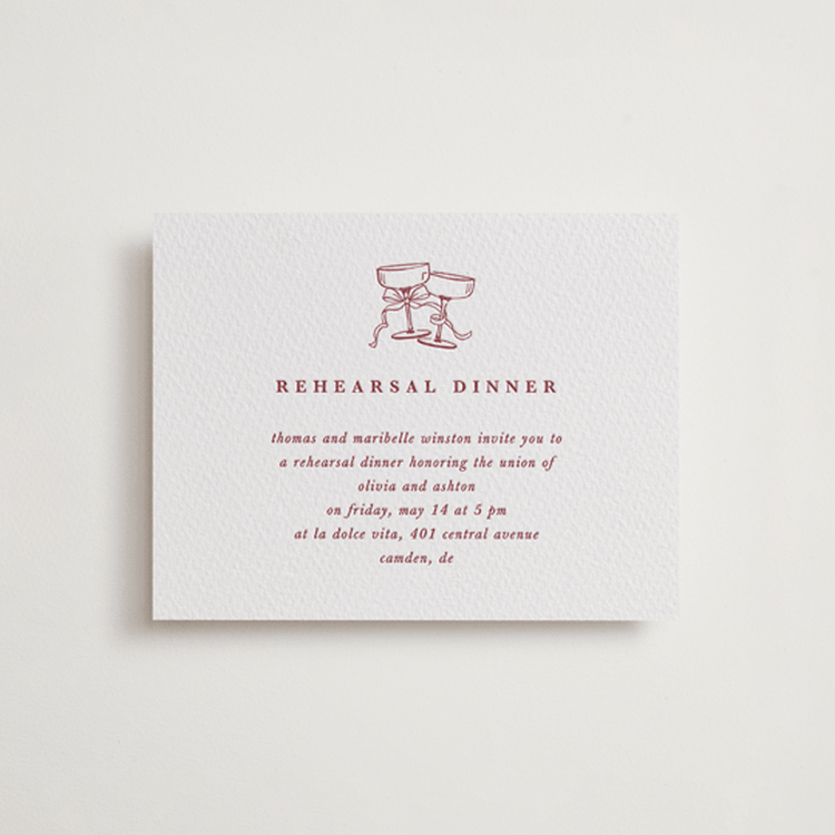 "Classic Cherries" - Letterpress Rehearsal Dinner Cards in Maraschino by Charter Oaks Creative - Front