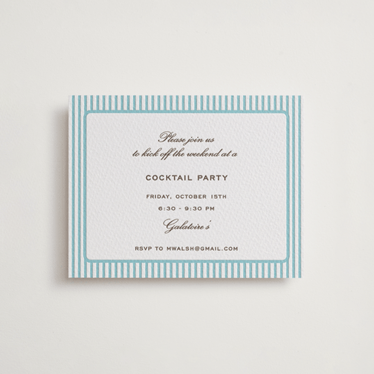 "Aperitif" - Letterpress Rehearsal Dinner Cards in Robin's Egg | Cacao Bean by Megan Davis - Front
