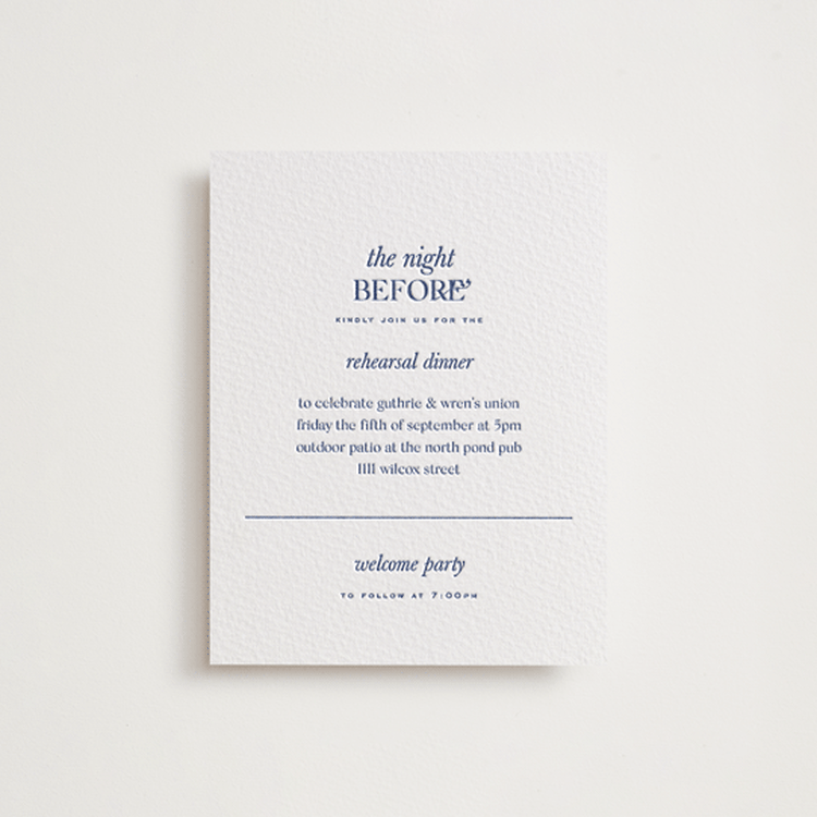 "bluebell dinner" - Letterpress Rehearsal Dinner Cards in Lapis by Bramble Studio - Front