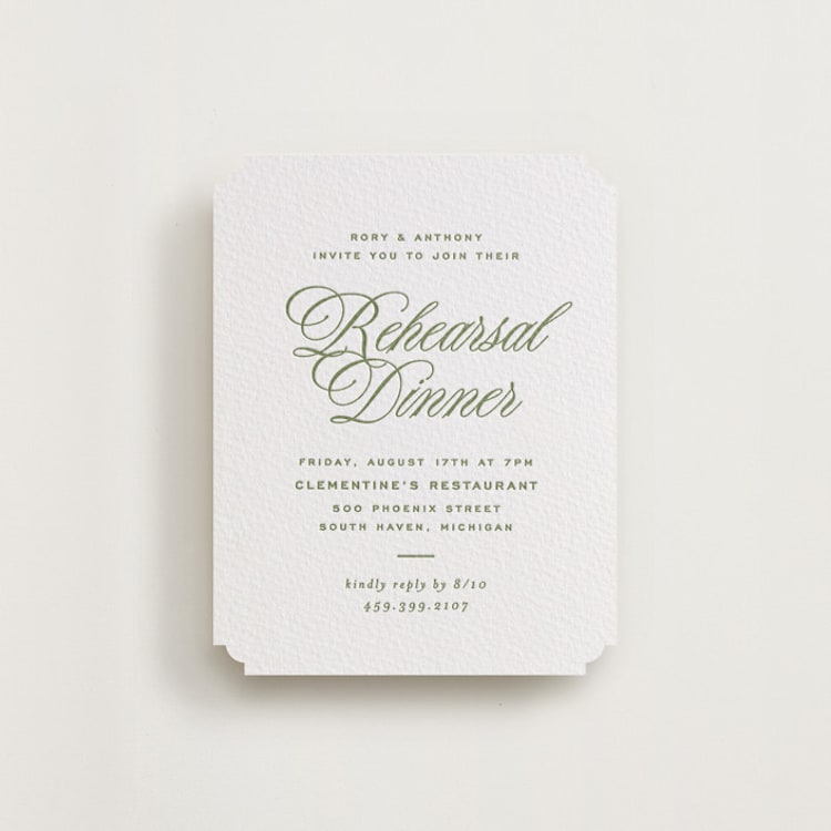 "rory" - Letterpress Rehearsal Dinner Cards in Olive by Ellen Schlegelmilch - Front