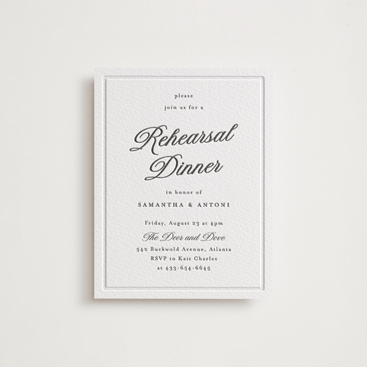 "Tux" - Letterpress Rehearsal Dinner Cards in Soft Black by Nicole Walsh - Front