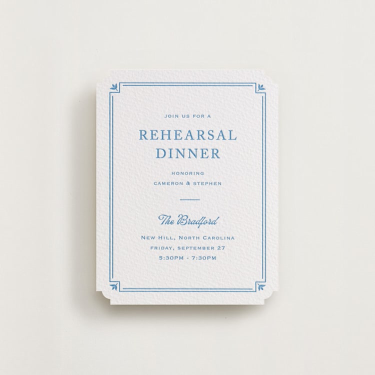 "Fleur Corner" - Letterpress Rehearsal Dinner Cards in Marine Blue by Carolyn MacLaren - Front