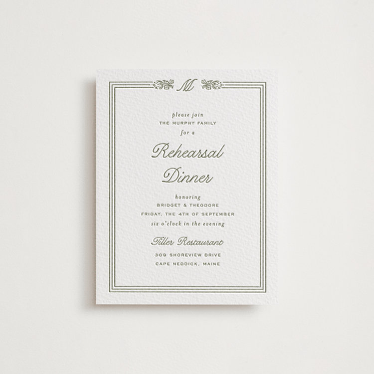 "Court" - Letterpress Rehearsal Dinner Cards in Artichoke by Kate Ahn - Front