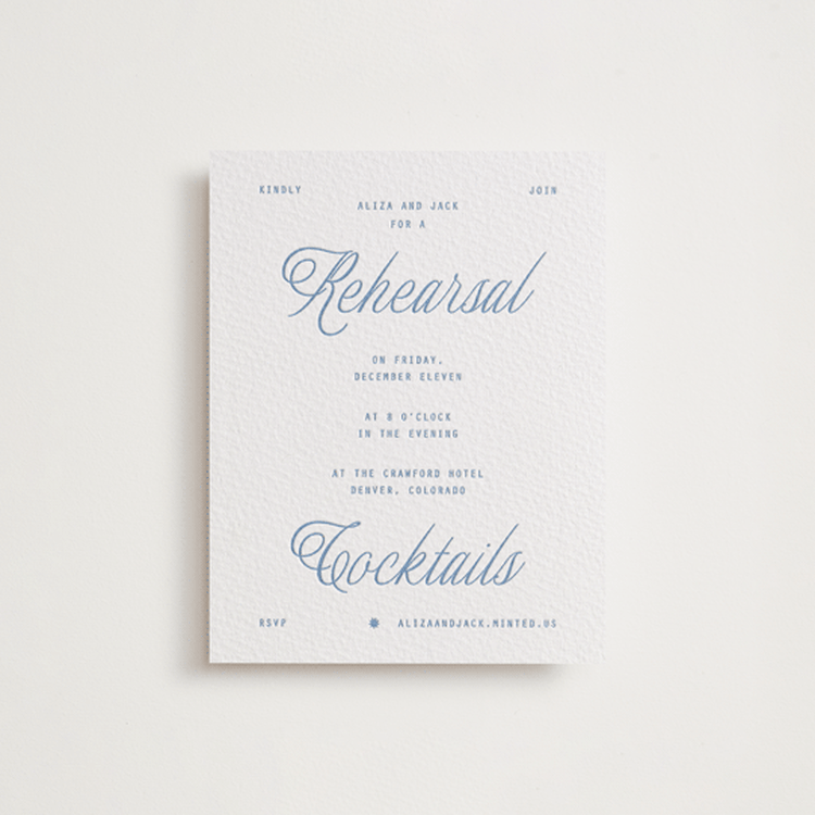 "Cheers" - Letterpress Rehearsal Dinner Cards in Pacific Blue by Blustery August - Front