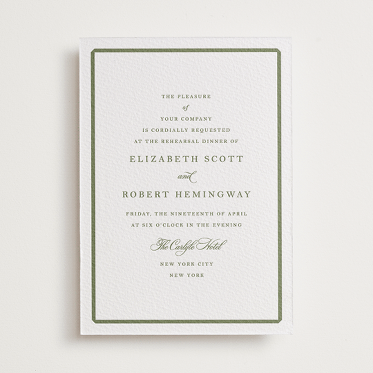"Bevel" - Letterpress Rehearsal Dinner Invitations in Artichoke by Megan Davis - Front