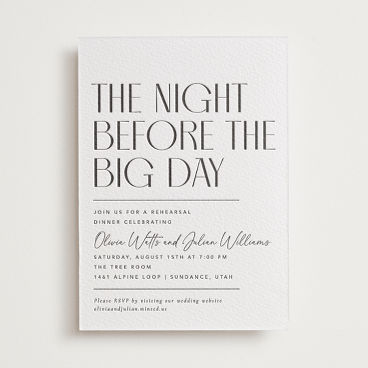 "Modern Stack" - Letterpress Rehearsal Dinner Invitations in Soft Black by Robert and Stella - Front