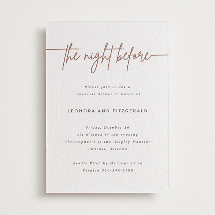 "Lilt" - Letterpress Rehearsal Dinner Invitations in Smoke by Kampai Designs - Front