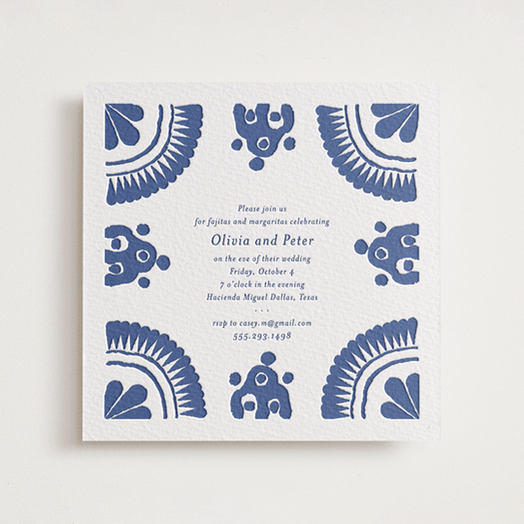 "Talavera" - Letterpress Rehearsal Dinner Invitations in Lapis by Lagniappe Paper - Front