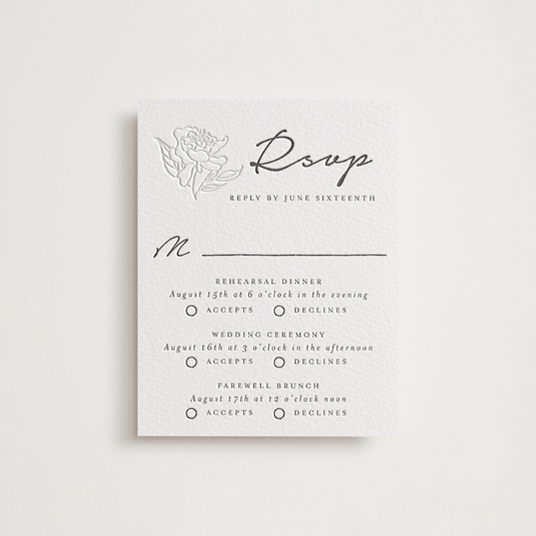 "my dearest" - Letterpress Multi-Event RSVP Cards in Blind Deboss | Soft Black by Qing Ji - Front
