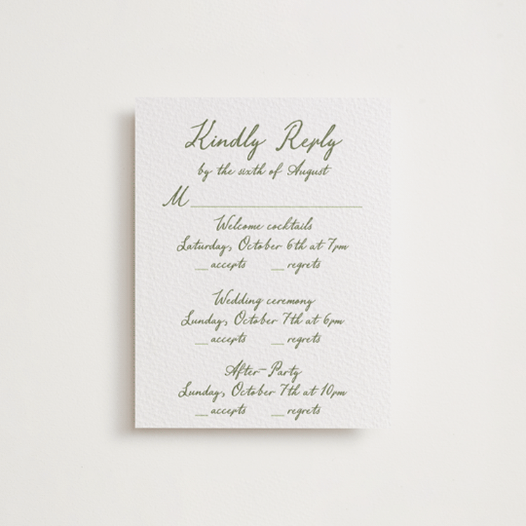 "Handwritten" - Letterpress Multi-Event RSVP Cards in Artichoke by Cass Loh - Front