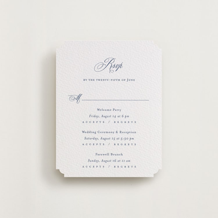 "Empire" - Letterpress Multi-Event RSVP Cards in Blueberry by Jennifer Postorino - Front