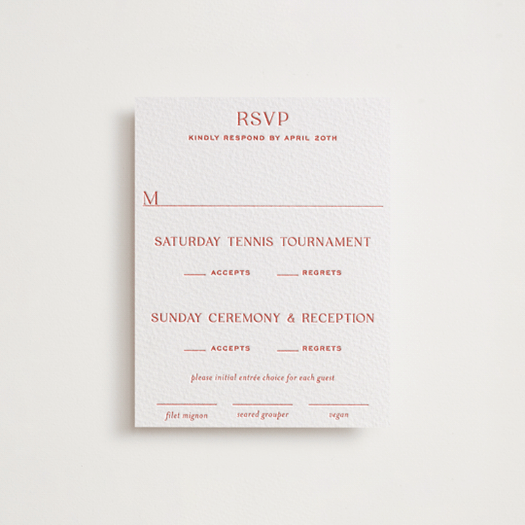 "Racquet" - Letterpress Multi-Event RSVP Cards in Verona Sunset by Megan Davis - Front