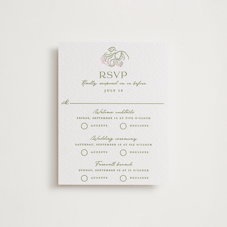 "Sketched Foliage" - Letterpress Multi-Event RSVP Cards in Peony | Olive by Susan Zinader - Front