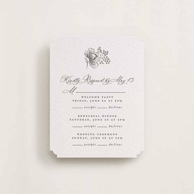 "Wedding Press" - Letterpress Multi-Event RSVP Cards in Graphite by Chris Griffith - Front