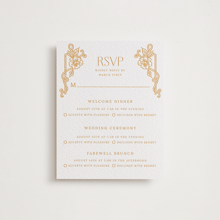 "Nouveau Peony" - Letterpress Multi-Event RSVP Cards in Saffron by Selima Akhter - Front