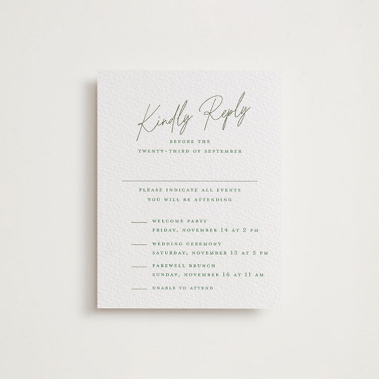"angeline" - Letterpress Multi-Event RSVP Cards in Artichoke by chocomocacino - Front