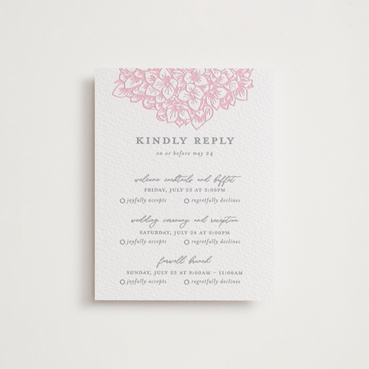 "Hydrangea Blooms" - Letterpress Multi-Event RSVP Cards in Peony | Granite by Paula Pecevich - Front
